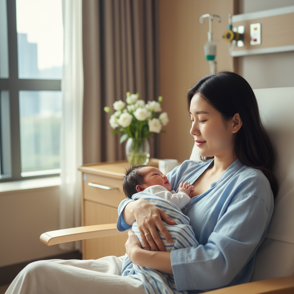 신생아를 안고 있는 산모의 따뜻한 모습