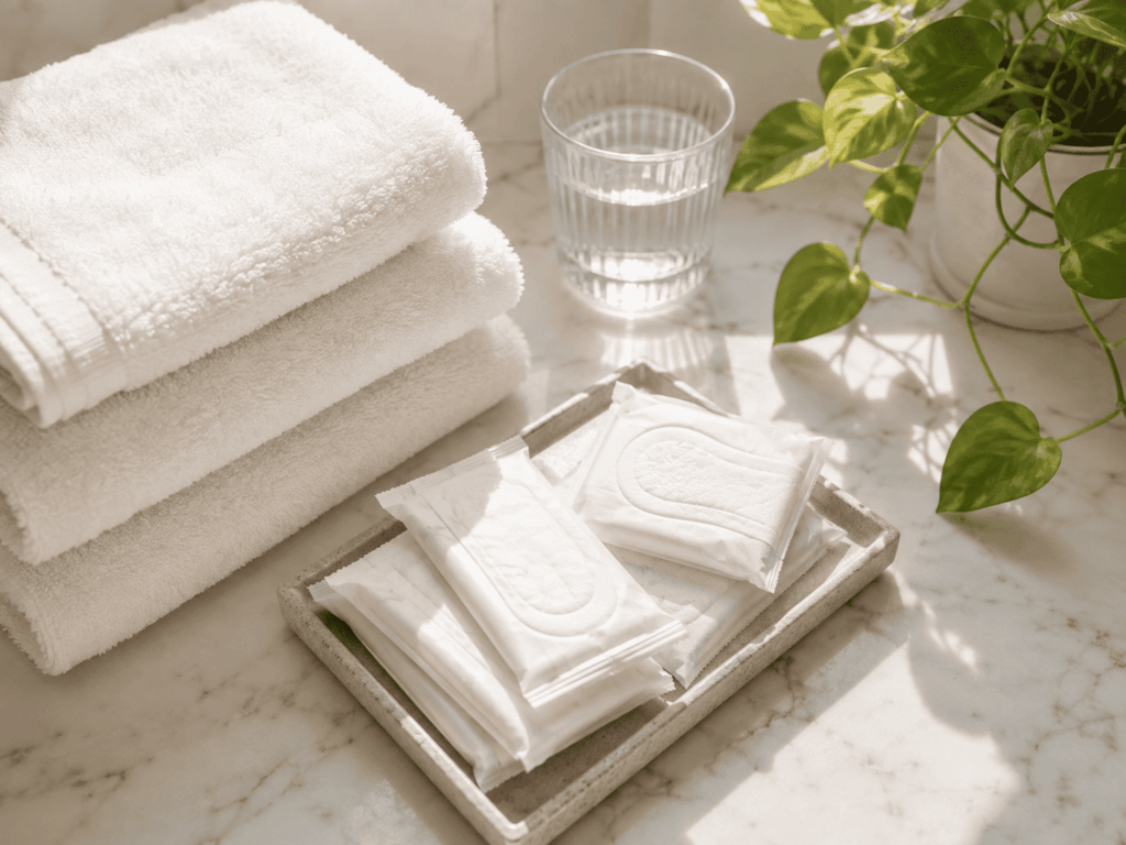 panty liner bathroom counter, feminine hygiene products, clean bathroom towels