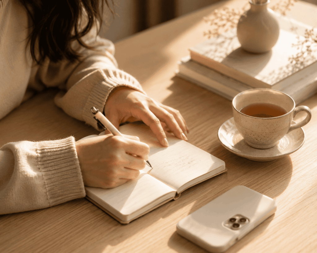 hands writing notebook desk, symptom journal writing, health diary notes